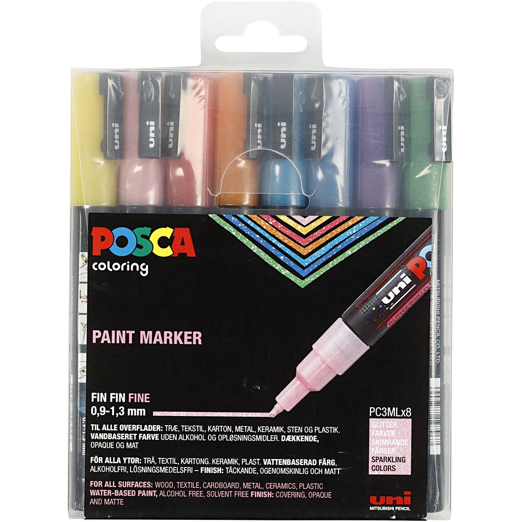 Uni-Posca Posca-Marker, Größe PC-3 ml, Strichbreite 0,9–1,3 mm, Glitzerfarben, 8 Stück 1 Box