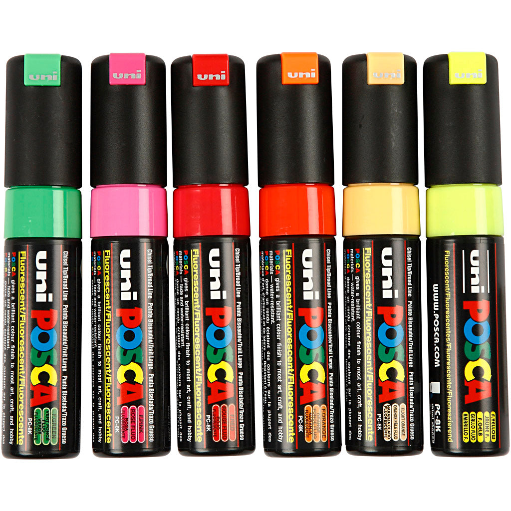 Uni-Posca-Posca-Marker, Größe PC-8k, Strichstärke 8 mm, breit, halbdeckend, verschiedene Farben, 6 Stück 1 Box