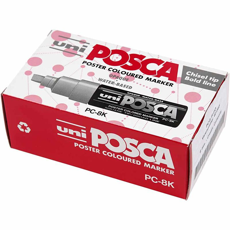 Uni-Posca-Posca-Marker, Größe PC-8k, Strichstärke 8 mm, breit, halbdeckend, verschiedene Farben, 6 Stück 1 Box
