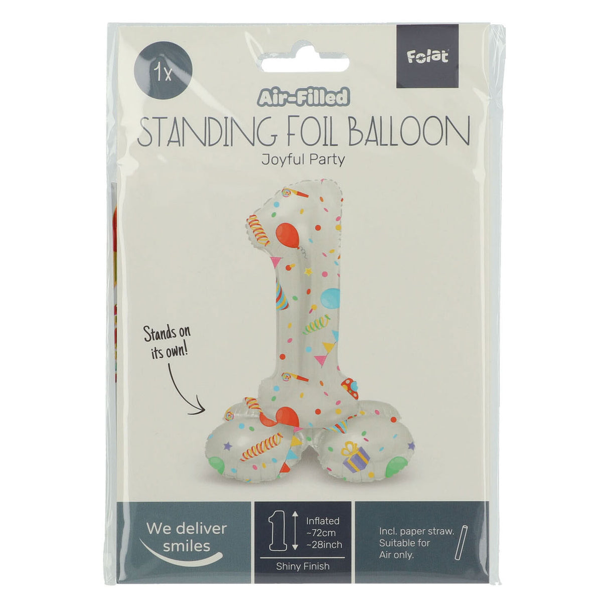 Folat bv stehender Folienballon „Frohe Party“ Nummer 1 – 72 cm