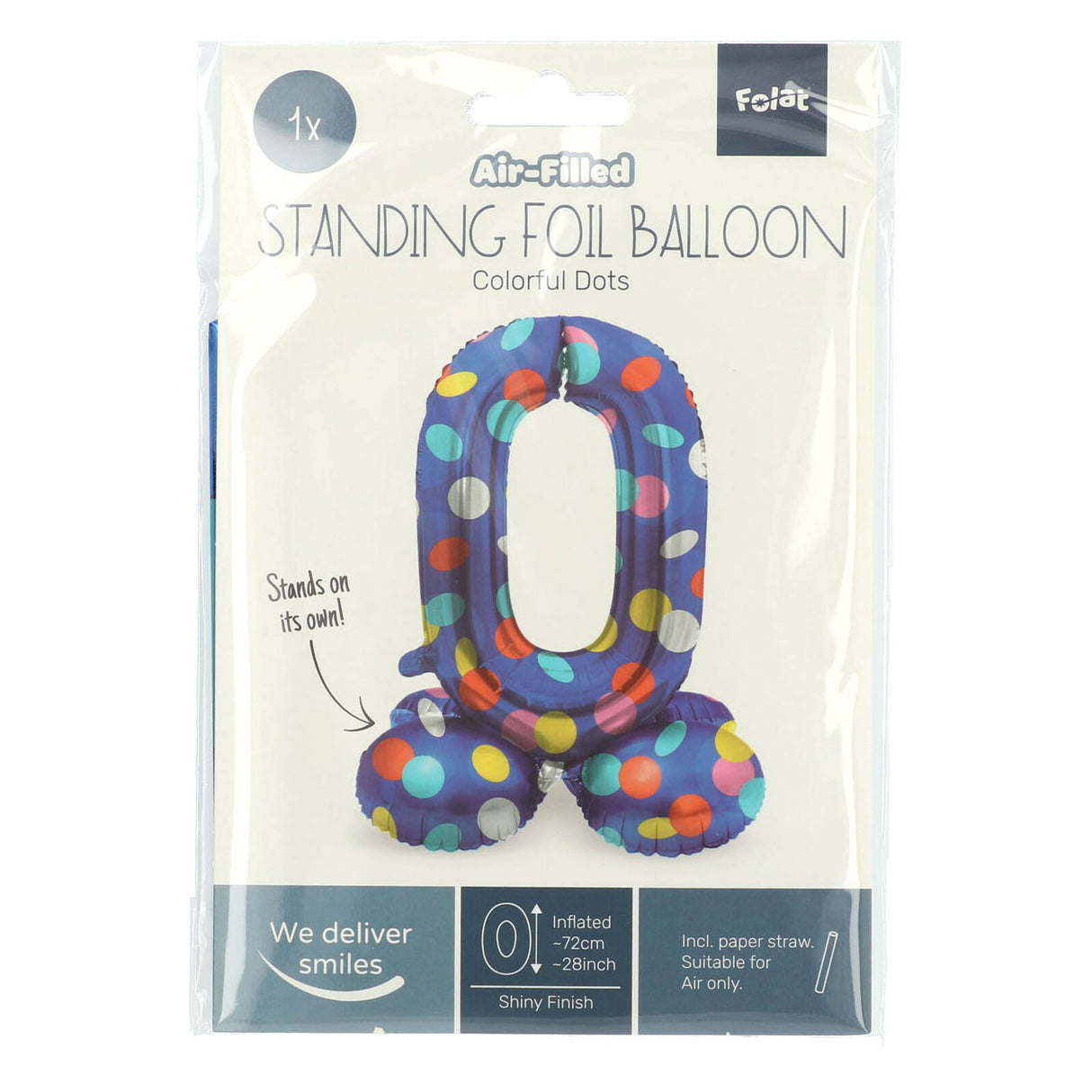 Folat bv stehender Folienballon mit bunten Punkten, Zahl 0 – 72 cm