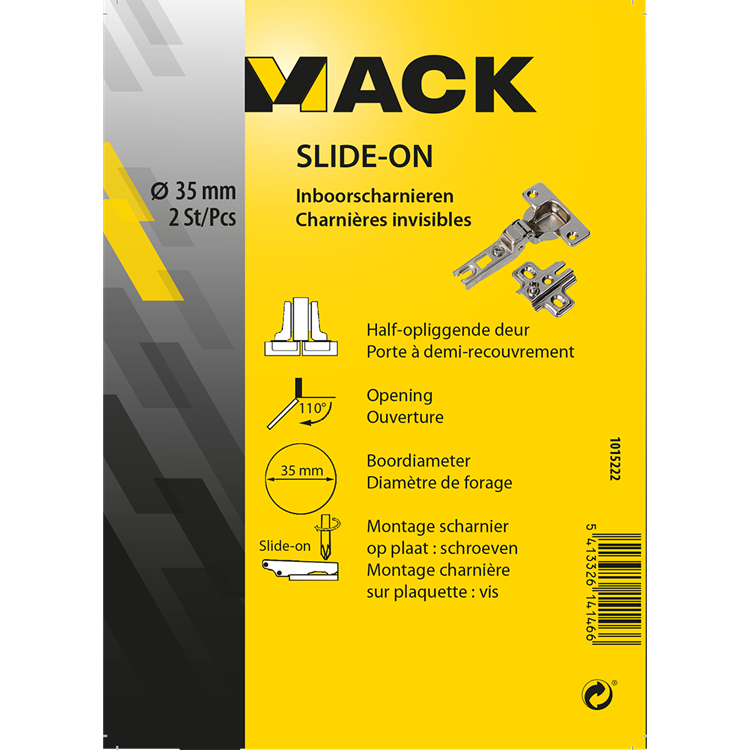 Mack 1015222 - 2 inboorscharnieren slide on 35mm 110° half opliggende deur | 10 stuks