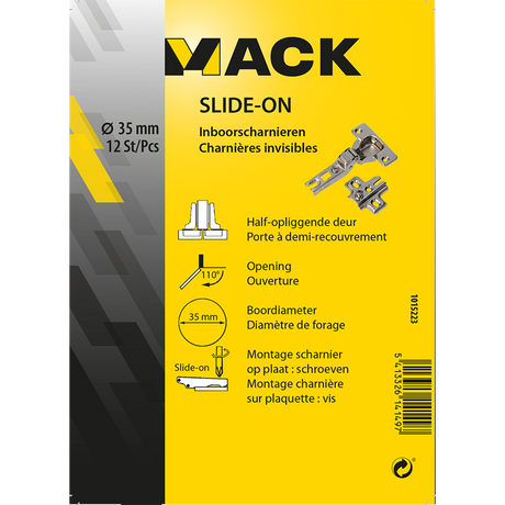 Mack 1015223 - 12 inboorscharnieren slide on 35mm 110° half opliggende deur | 5 stuks