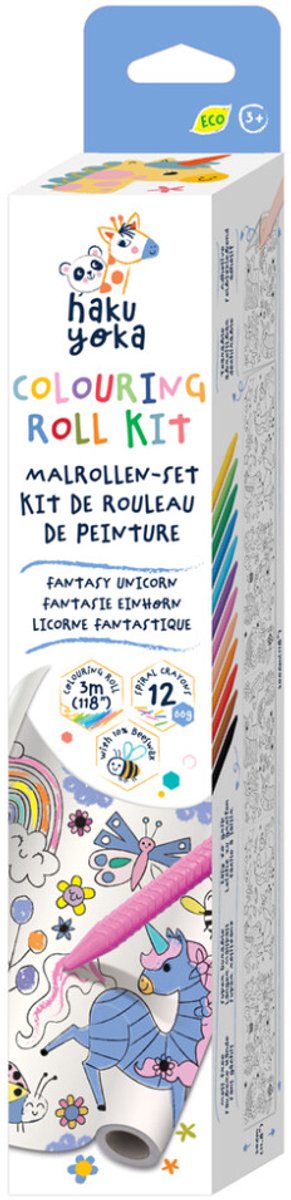 Haku Yoka: Malroller-Set Einhorn 30x300cm, inklusive 12 Wachsmalstiften in Spiralform, abreißbar und selbstklebend, enthält 10 % Bienenwachs, in Box 6,5x6,5x35cm, 3+
