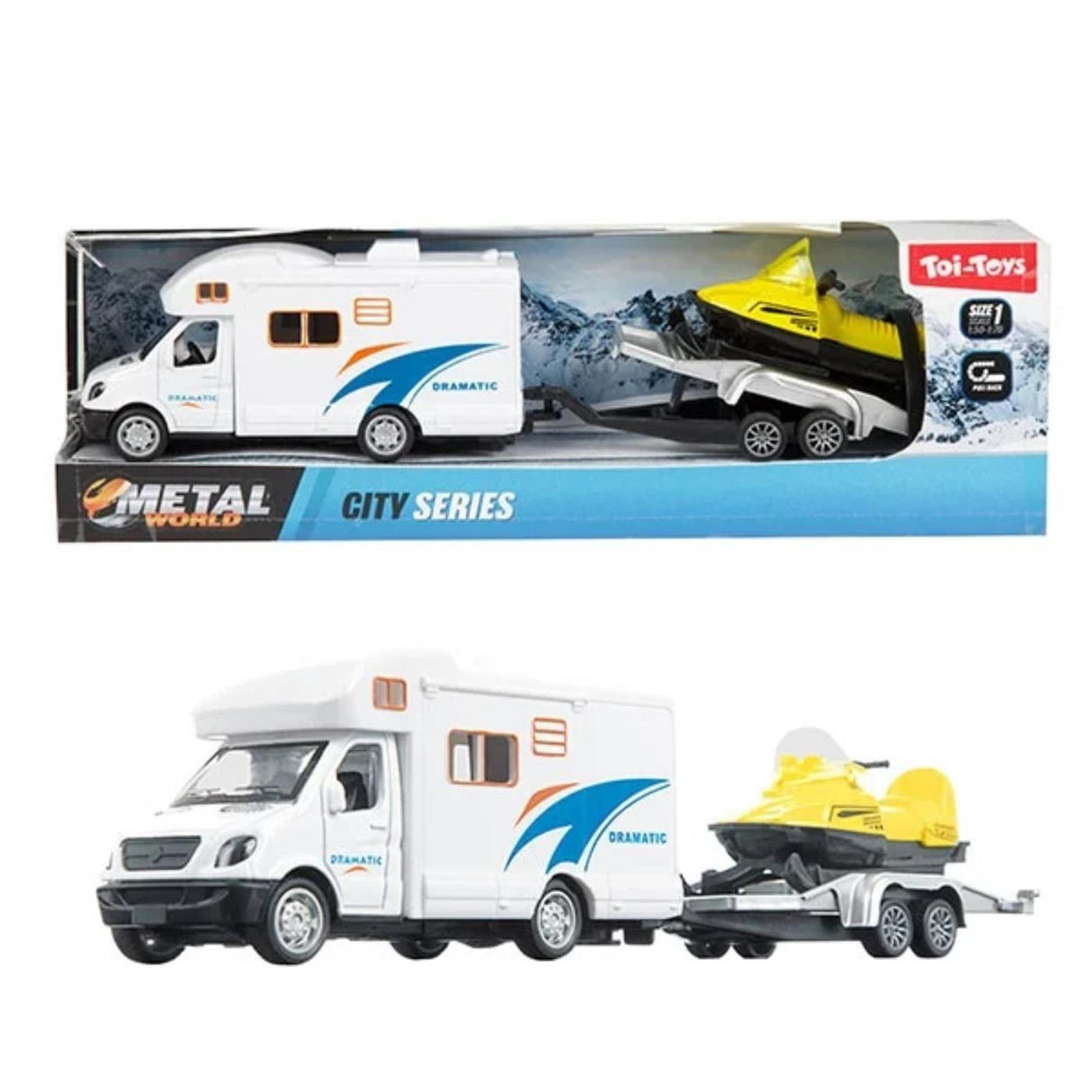 Toi-toys Metall-Camper mit Anhänger und Schneemobil