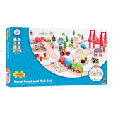 Bigjigs Wooden Road and Train set countryside, 80dlg.