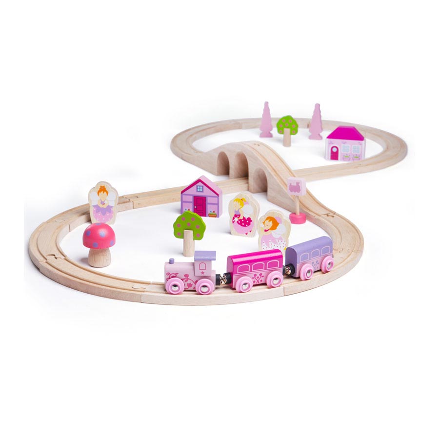 Bigjigs Ensemble de train en bois rose, 40dlg.