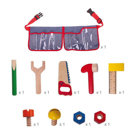 Bigjigs Toys roter Werkzeuggürtel mit Holzwerkzeugen – Bigjigs – mit Clipverschluss – 10 Stück