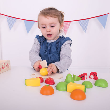 Bigjigs Toys Holzkiste mit Obst und Klettverschluss – mit Messer und Brett – Bigjigs – 18-teilig