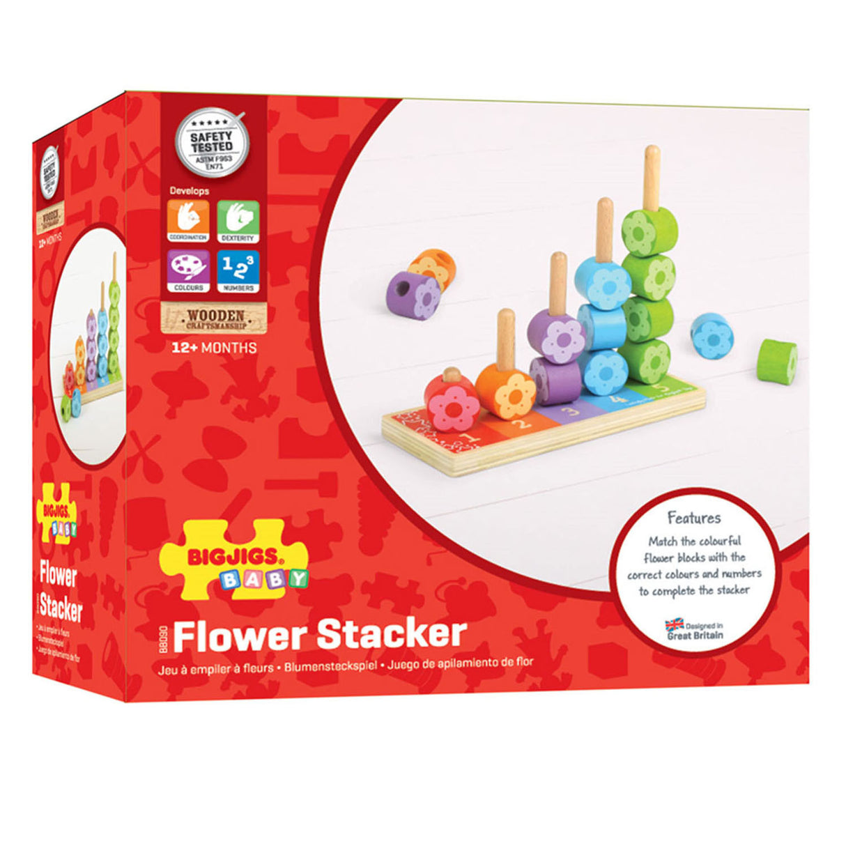 Bigjigs Holz-Stapelspiel Blumen, 16 Stück.