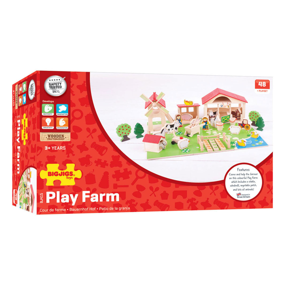 Bigjigs Wooden Play Farm avec accessoires, 48dlg.