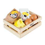 Tidlo wooden eggs and milk in a crate