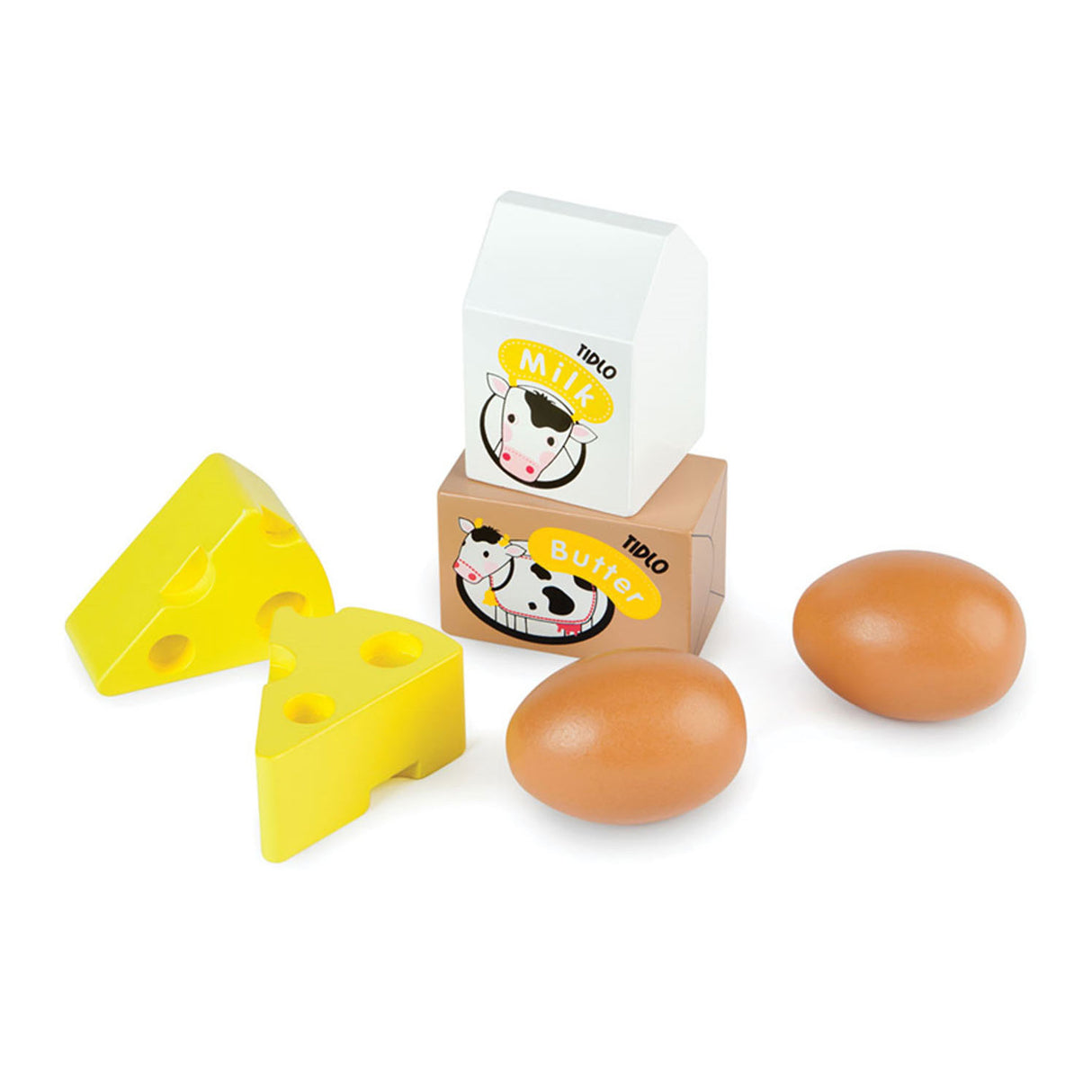 Tidlo wooden eggs and milk in a crate