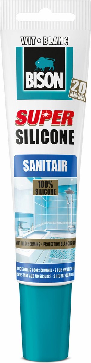 Bison Super Silikon Sanitär weiß Tube 150 ml, wasserbeständige Silikondichtmasse, langanhaltender Farbschutz, unempfindlich gegen Schimmel, leicht zu verarbeiten