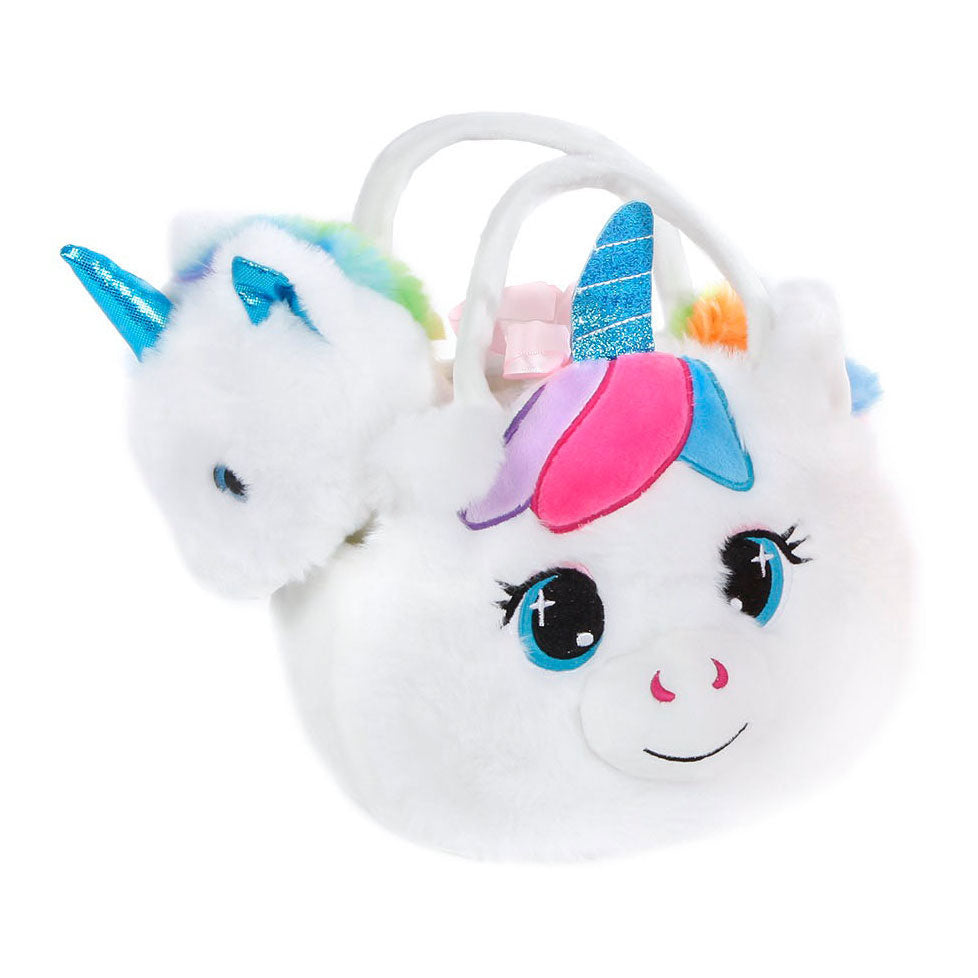 Unicorno abbraccio in borsetta bianca peluche, 20 cm