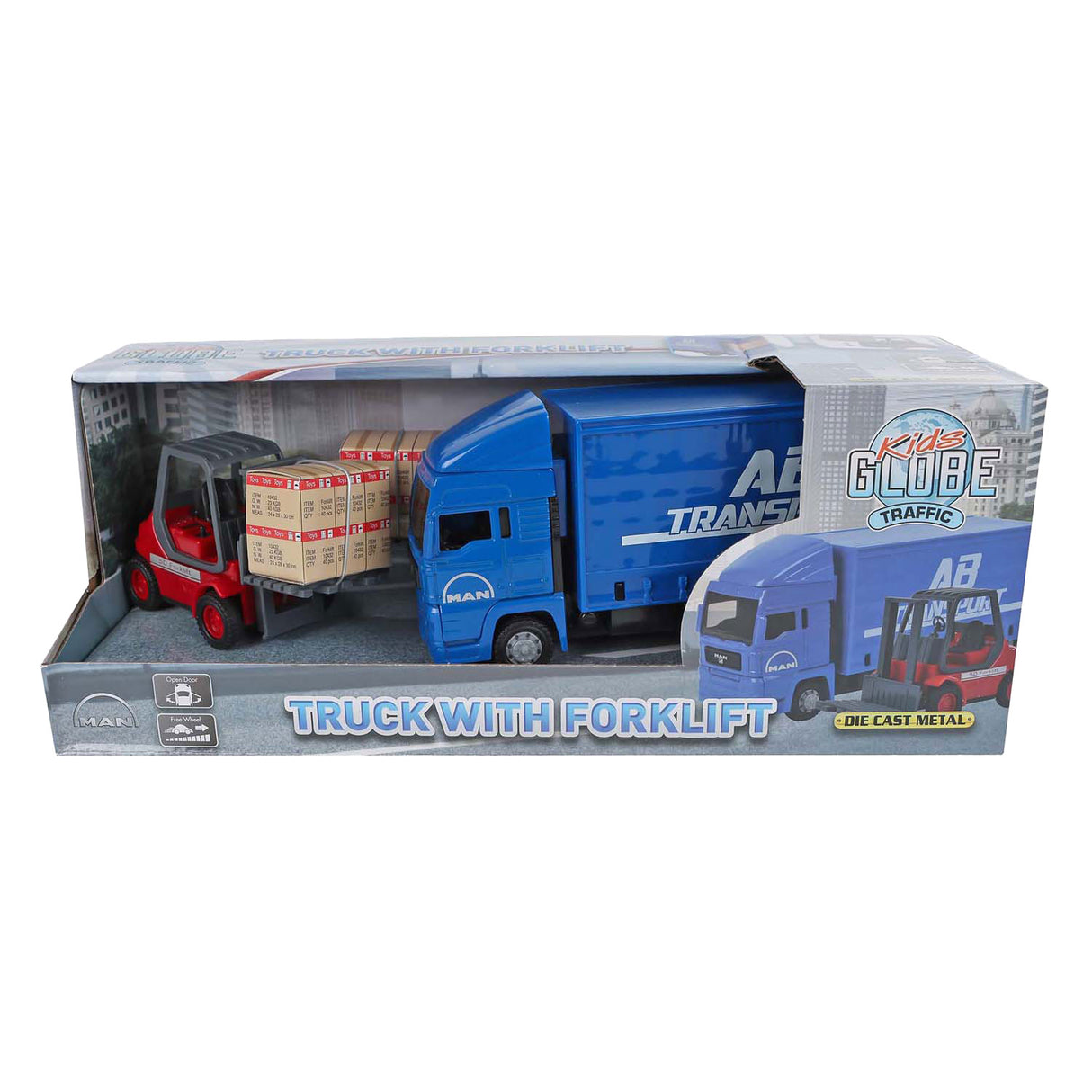 Barn Globe Man -lastbil med gaffeltruck. 17 cm