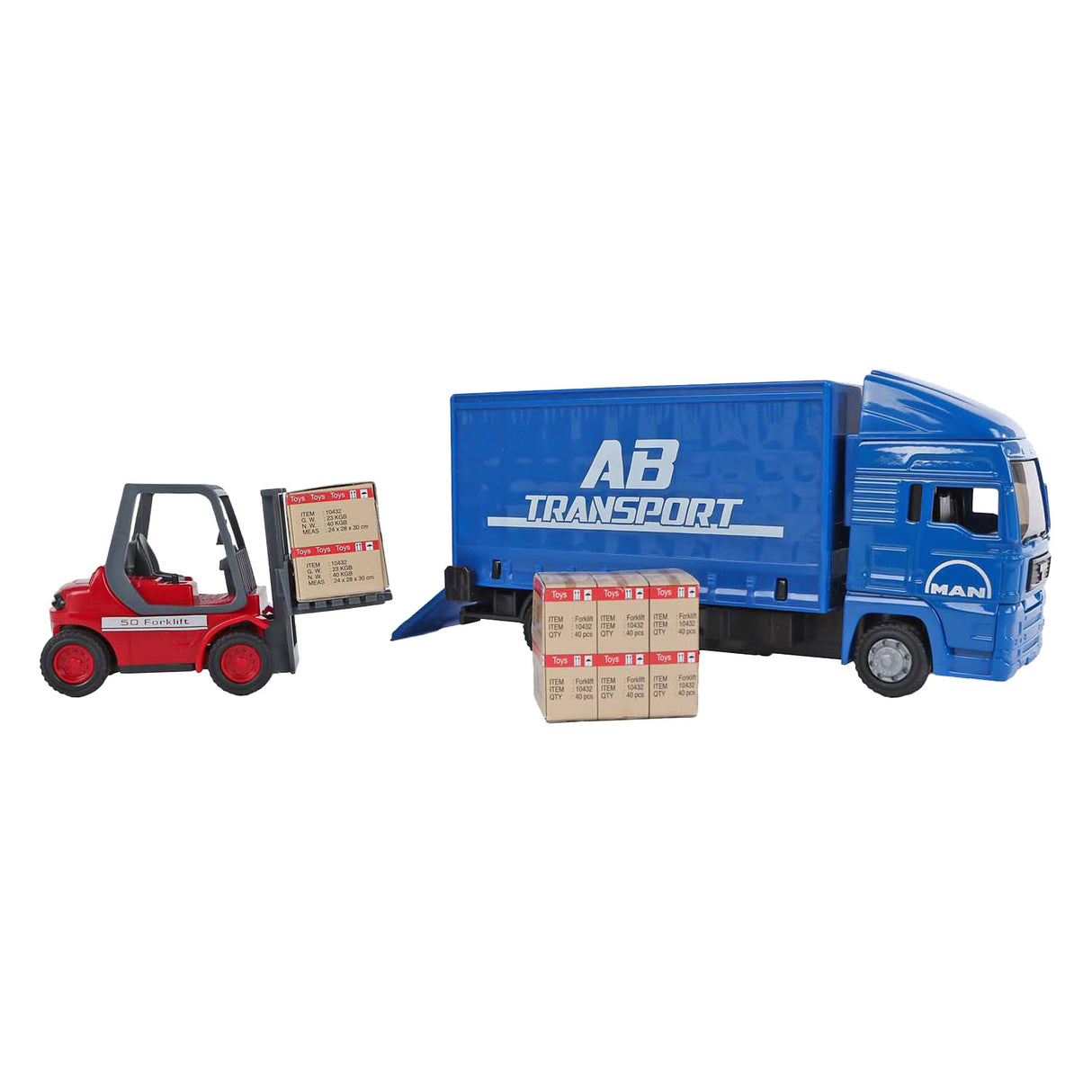 Barn Globe Man -lastbil med gaffeltruck. 17 cm