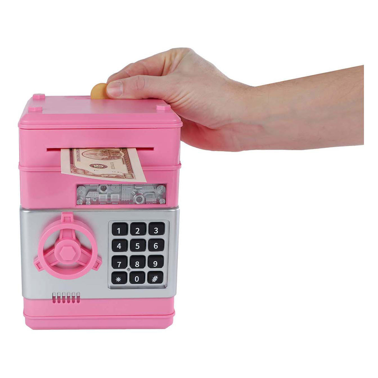 Van Manen Geldtresor-Spielzeug mit Geheimcode, rosa, 19,5 cm.