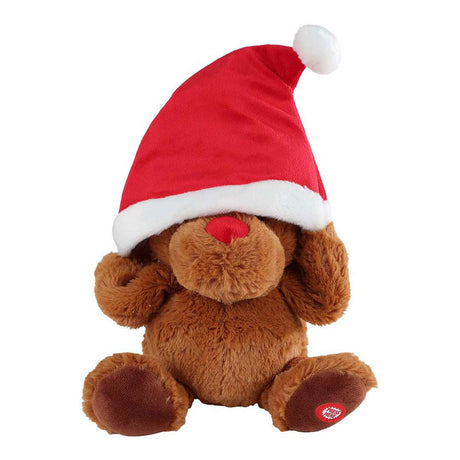 Bring mich mit einem tanzenden Rentier mit Weihnachtsmütze und Musik nach Hause
