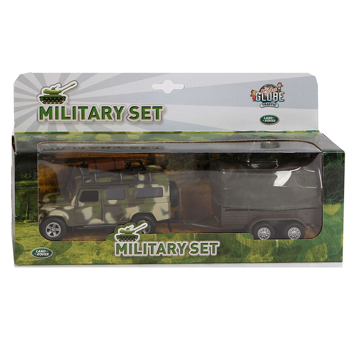 Kids Globe Die Cast Land Rover med Trailer Army, 27cm