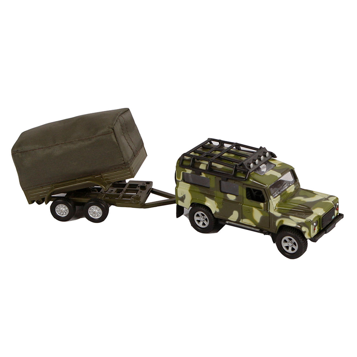 Kids Globe Die Cast Land Rover med Trailer Army, 27 cm