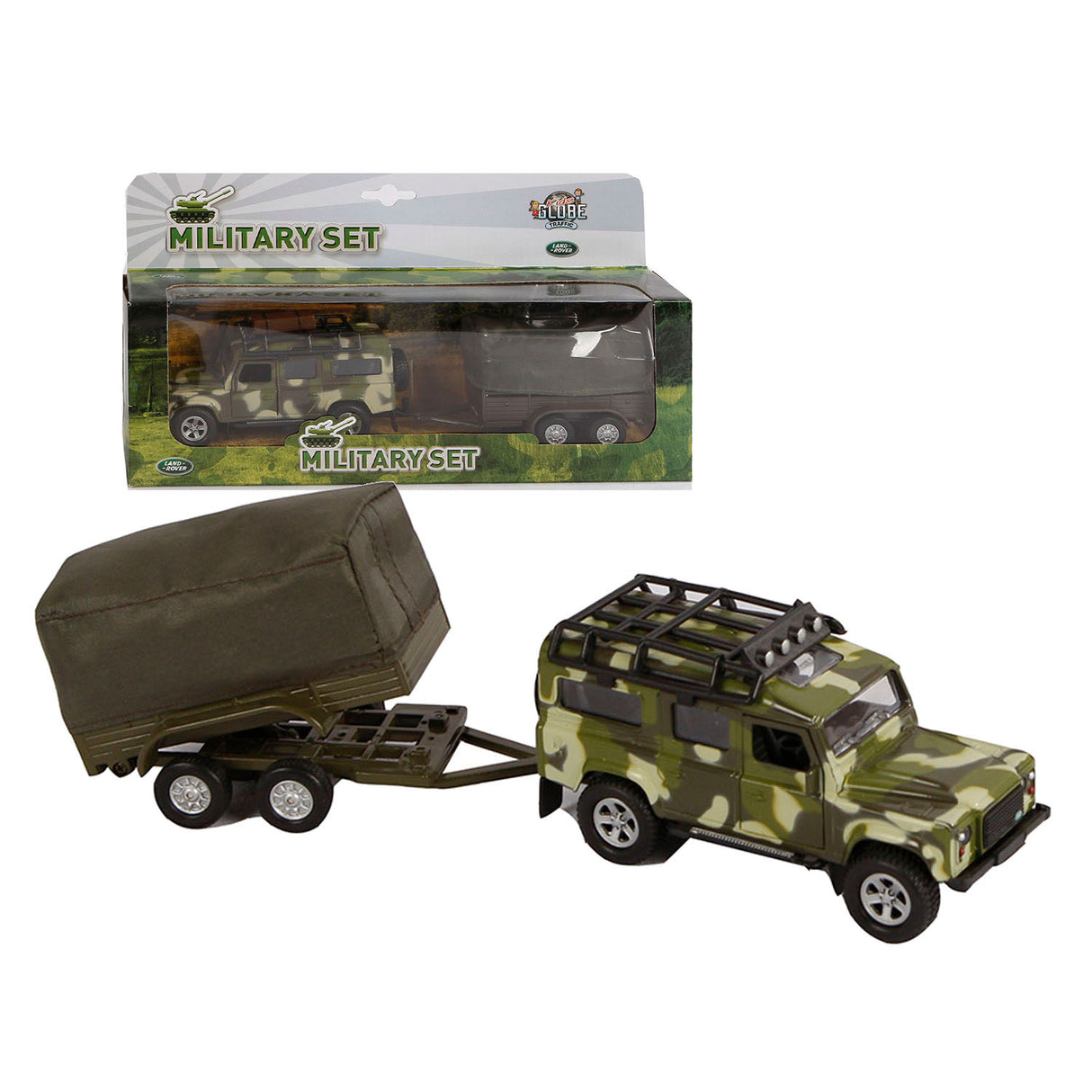 Kids Globe Die Cast Land Rover con Trailer Army, 27 cm