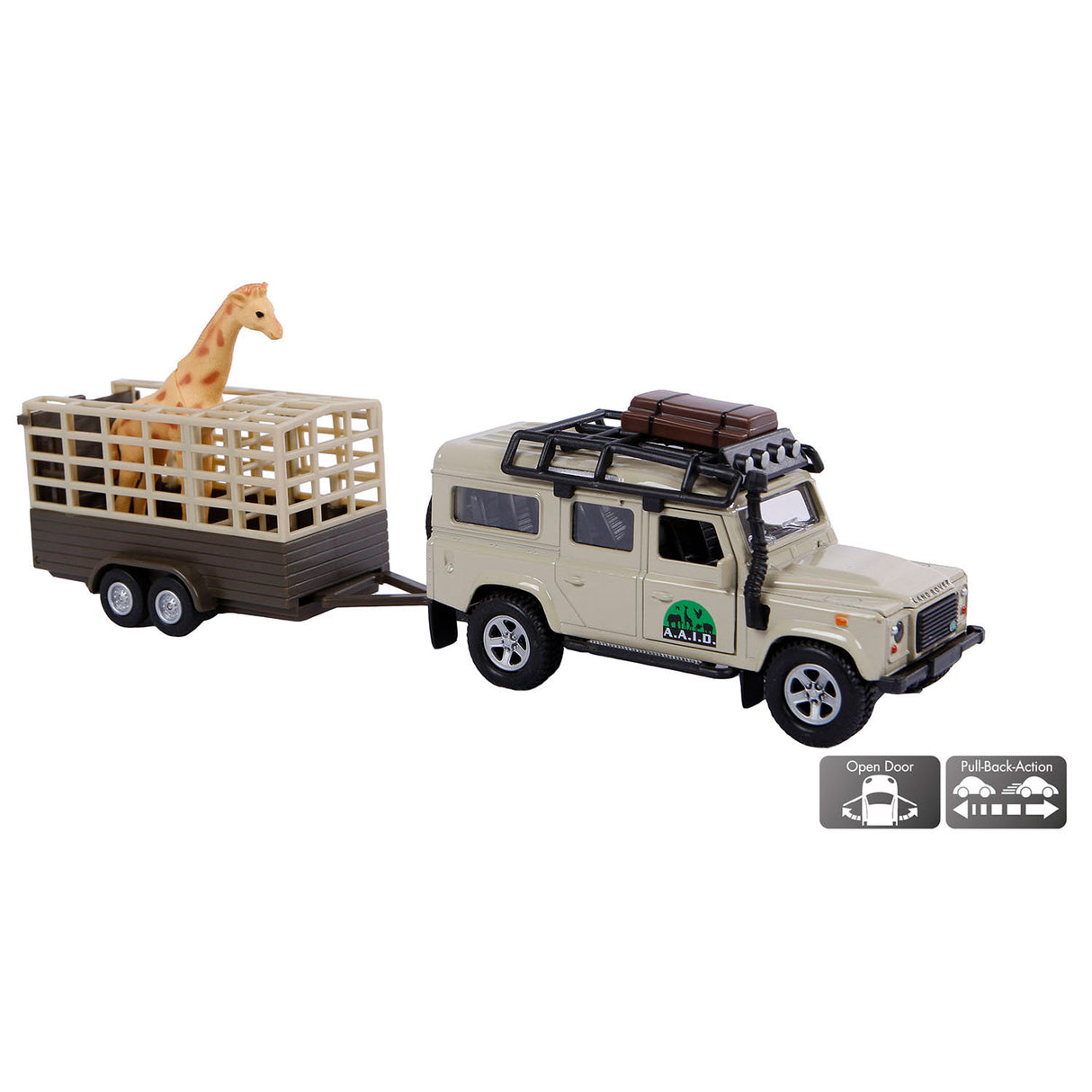 Kids Globe Die Cast Land Rover mit Giraffe-Trailer, 29 cm