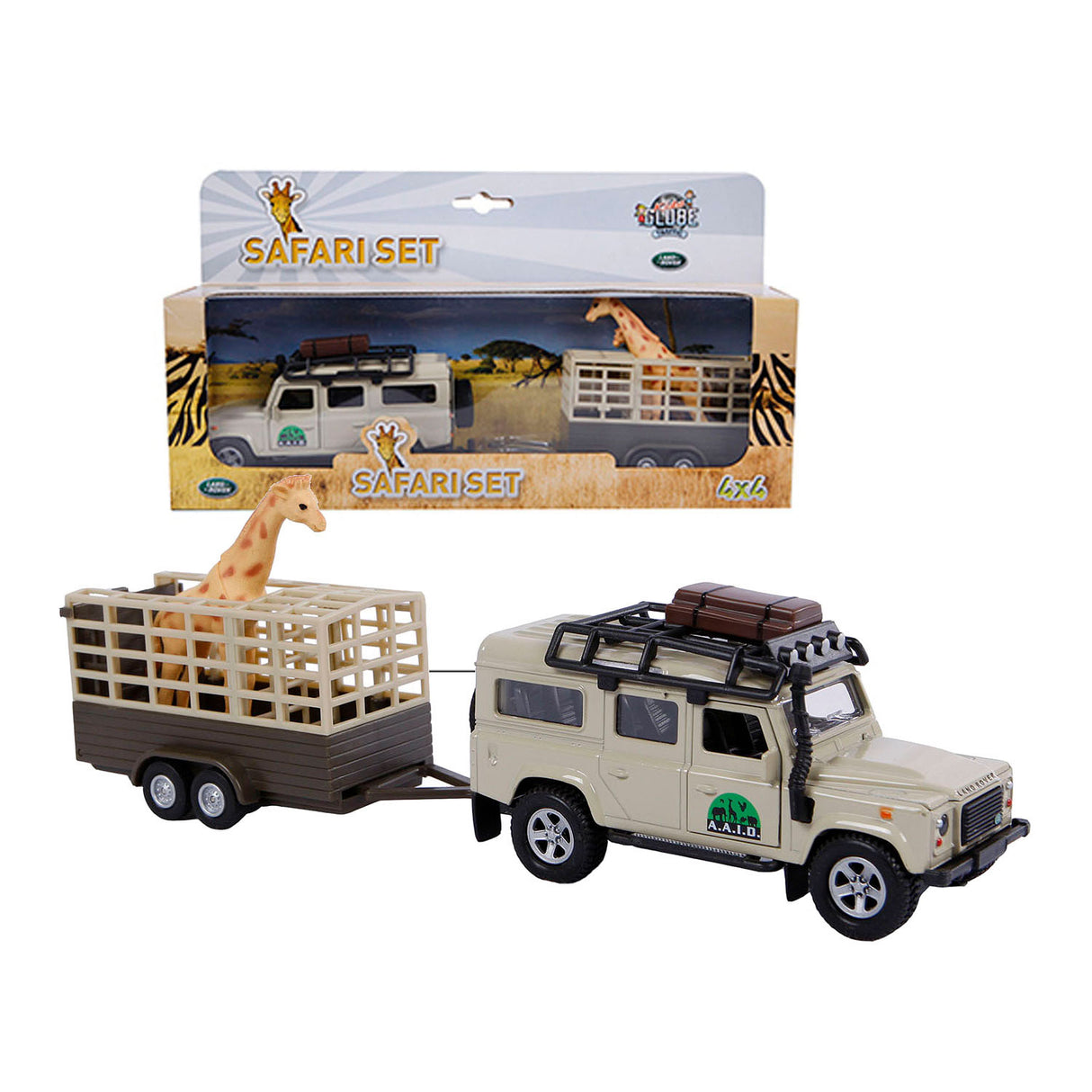 Kids Globe Die Cast Land Rover med Giraffe-Trailer, 29cm