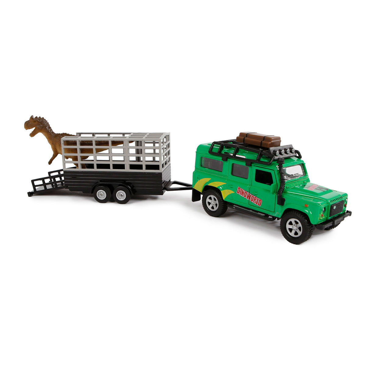 Kids Globe Die Cash Land Rover con Dino-Trailer, 29 cm