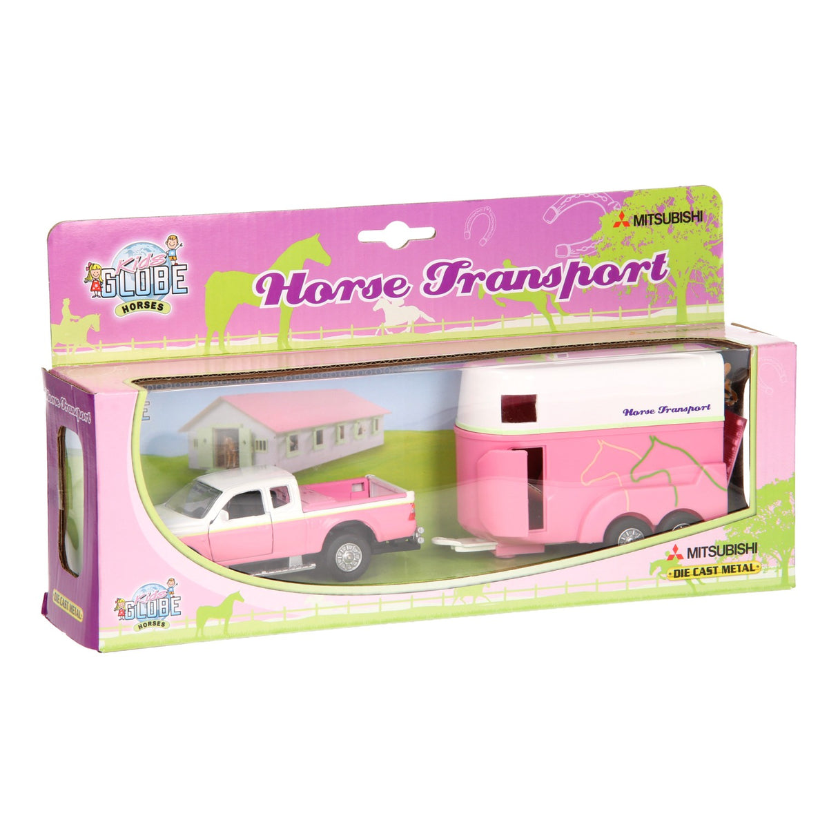 Kids Globe Die Cast Car With Horse Trailer Pink, 1:32