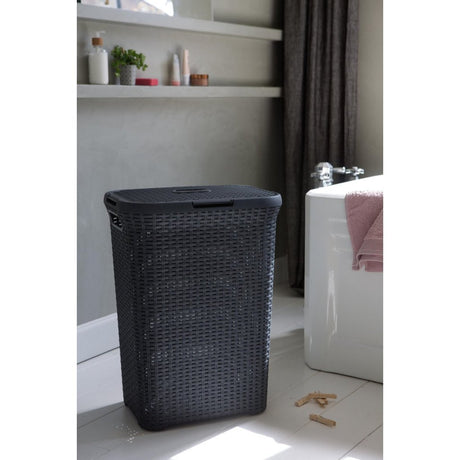 Wäschebox im Curver-Stil mit Deckel im Rattan-Stil, 60 Liter, Anthrazit, 45 x 34 x 62 cm