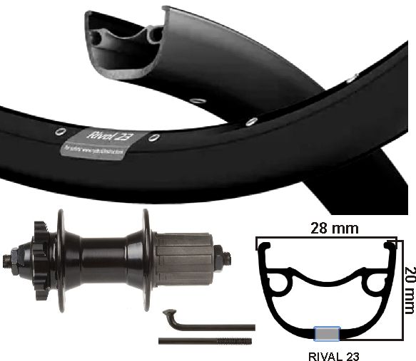 Kgs Hinterrad 28 Zoll (622), Rival 23, schwarze Kassette, 8–10 Gänge, Scheibe, 6 Bolzen