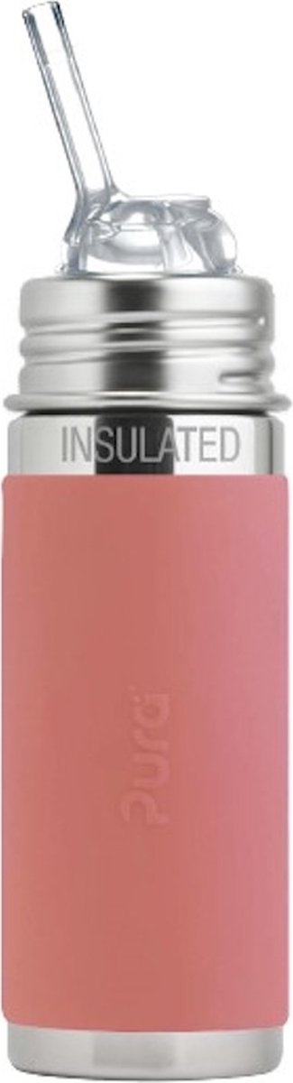 Pura Thermos-Strohhalmflasche Free Flow 260 ml – Thermoskanne – Thermosflasche – plastikfrei – mit Isolationswand – 2-fach verwendbar – medizinisches Qualitätssilikon – inklusive Free-Flow-Silikon-Strohhalm, Reisekappe und Bürste – rosa Hülle