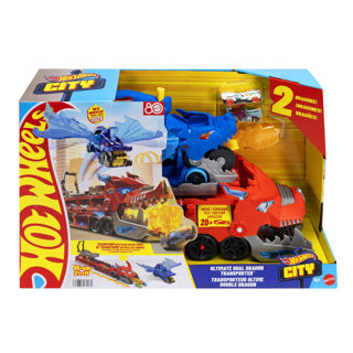 Hot Wheels City – Ultimatives Doppeldrachen-Transportfahrzeug und 2 Spielzeugautos
