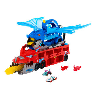 Hot Wheels City – Ultimatives Doppeldrachen-Transportfahrzeug und 2 Spielzeugautos
