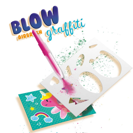 Ses Creative – Airbrush-Graffiti blasen – Kreativ-Bastelset ab 6 Jahren – inklusive 6 Airbrush-Stiften, schwarzem Marker, Schablonen und Malvorlagen