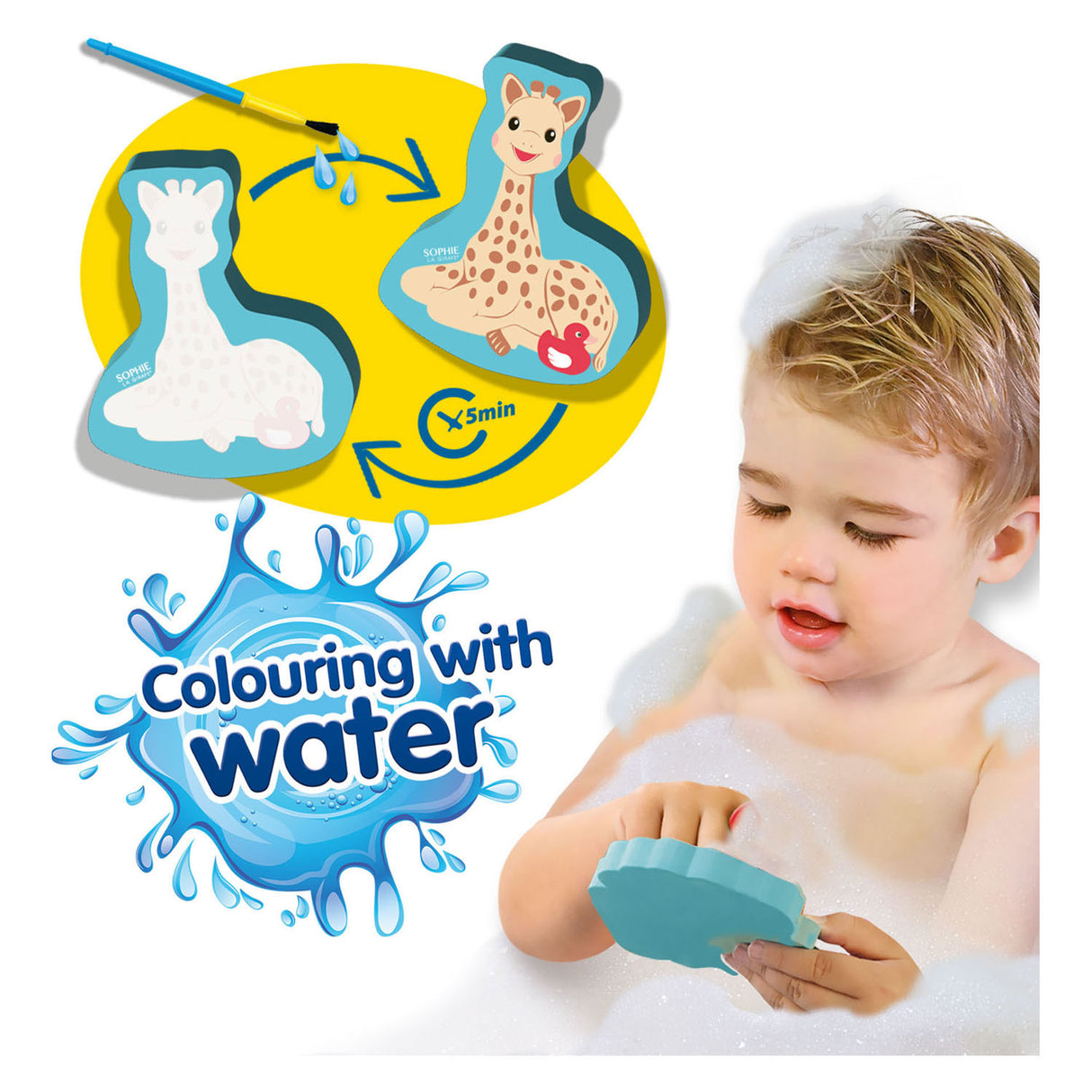 Ses sophie la girafe mit Wasser in der Badewanne färben