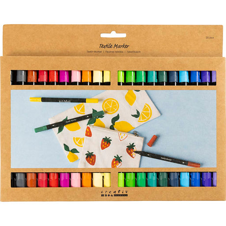Creativ Company Textilmarker, Strichstärke 2,3 + 3,6 mm, Standardfarben, 20 Stück, 1 Box