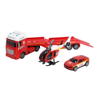 Rapid Wheels Autotransporter Feuerwehr mit Auto und Helikopter mit Licht, Sound und Reibung