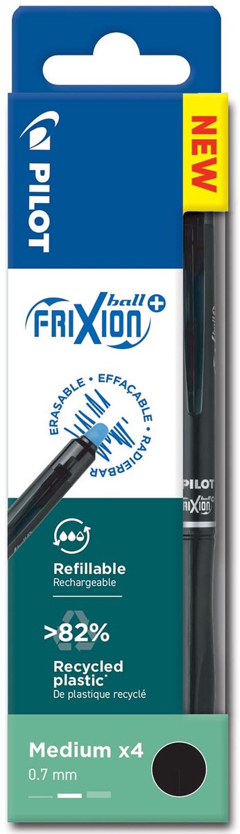 Pilotenbrieftasche – 4er-Set – Frixion Ball Plus – radierbarer Tintenroller – Schwarz – mittlere Spitze