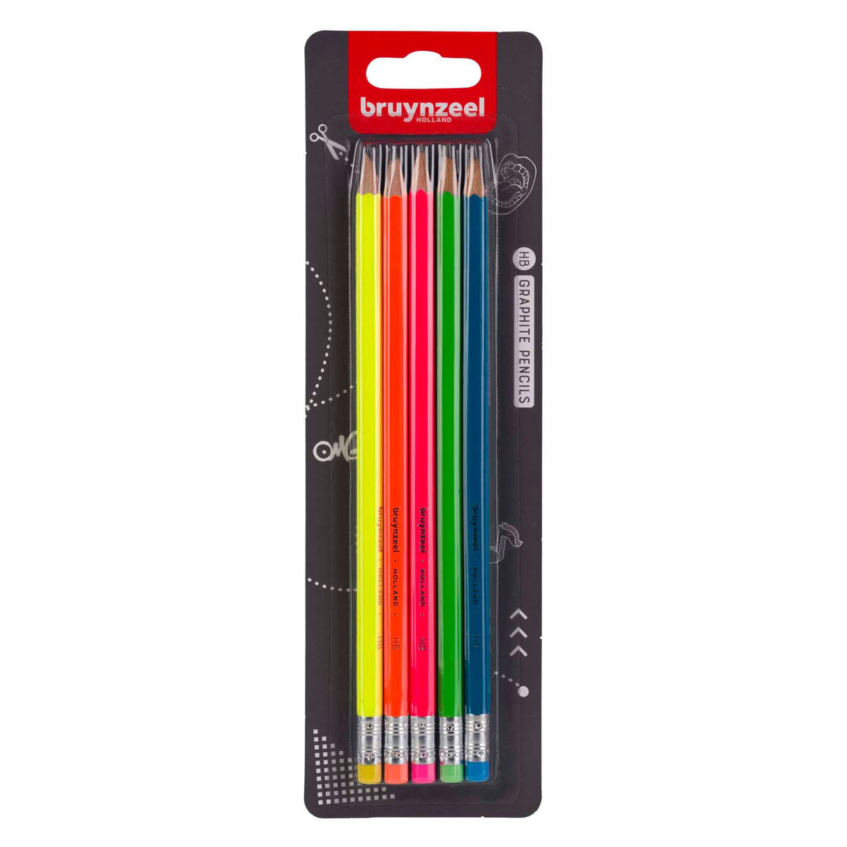 Bruynzeel Graphitstift-Set Neon, 5 HB-Bleistifte mit Radiergummi