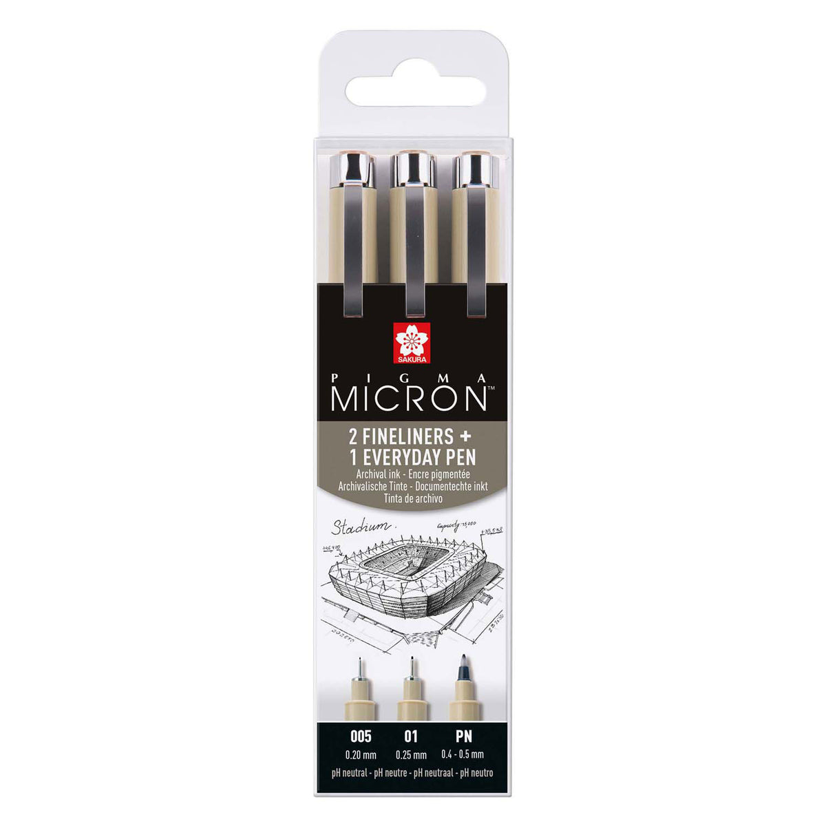 Sakura Pigma Micron Federmäppchen 3 Fineliner schwarz 005-01-pn Bogen.