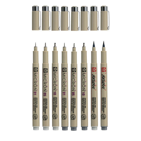 Sakura Pigma Micron Fineliner-Set | 8 Stifte, helles kühles Grau, kühles Grau