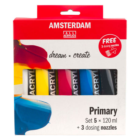Acrylfarben-Primärset der Amsterdamer Standardserie | 5 x 120 ml + 3 Dosierstutzen