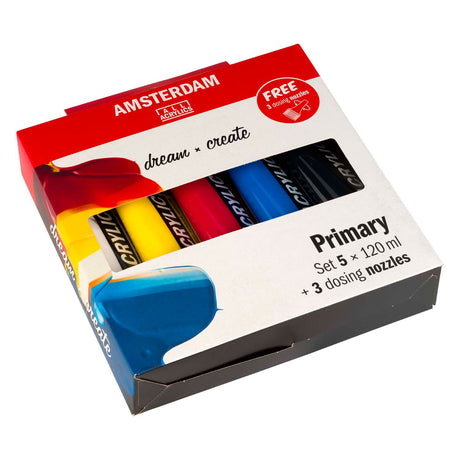 Acrylfarben-Primärset der Amsterdamer Standardserie | 5 x 120 ml + 3 Dosierstutzen