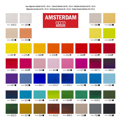 Bruynzeel Amsterdam Standard-Serie, allgemeines Auswahlset für Acrylfarben, 20 ml, 48 Stück.