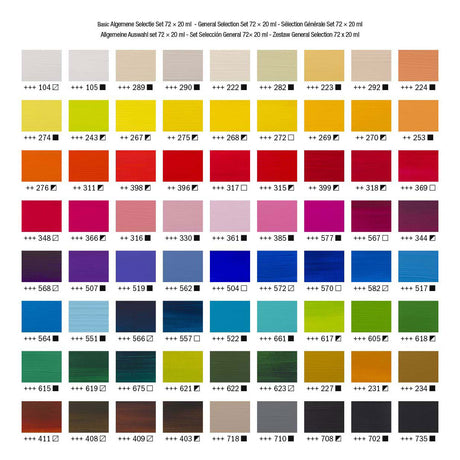 Bruynzeel Amsterdam Standard-Serie, allgemeines Auswahlset für Acrylfarben, 20 ml, 72 Stück.