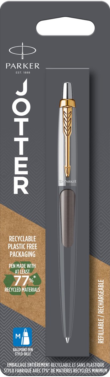Parker Jotter Kugelschreiber | graue Farbe mit goldenen Details | mittlerer Punkt | blaue Tinte