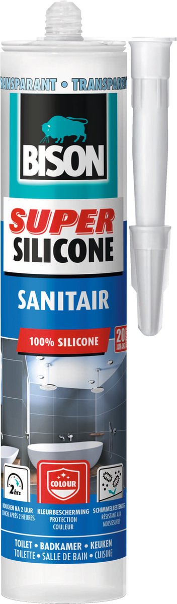 Bison Super Silikon Sanitär transparent Tube 300 ml, wasserbeständige Silikondichtmasse, langanhaltender Farbschutz, unempfindlich gegen Schimmel, leicht zu verarbeiten