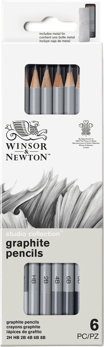 Winsor Newton 0490006 Graphitstifte-Set x6, Studio Collection – Skizzenstifte, Zeichenstifte 2H-8B in Metalldose